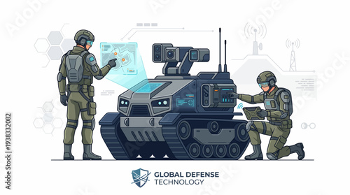 Two American military soldiers in green uniforms inspect and prepare a small armored tank with advanced technology for transport