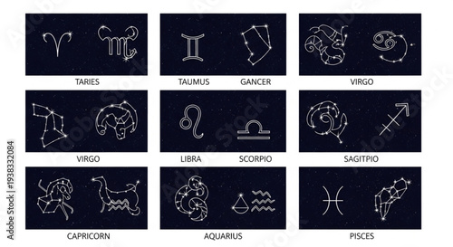 Collection of Zodiac Constellations and Symbols on Dark Background.
