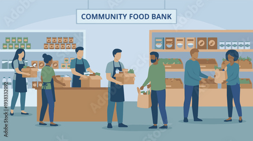 Community Food Bank with Volunteers and People Receiving Groceries