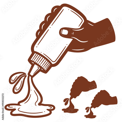 Stylized Illustration of a Hand Squeezing a Condiment Bottle Creating a Sauce Spill on a White Background