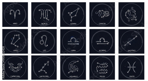 Collection of Zodiac Constellations and Symbols on Dark Background.