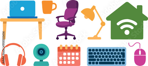 Set of home office items, computer, coffee, chair, lamp, headphones, camera, calendar, keyboard, mouse