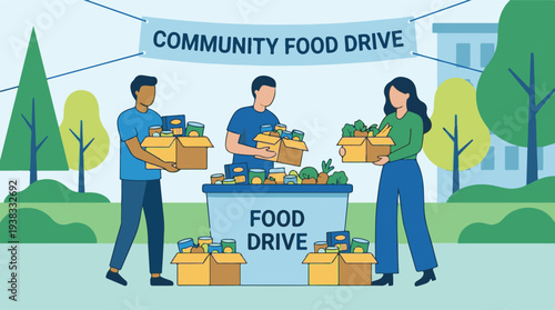 Community Food Drive with Volunteers Donating Food and Groceries
