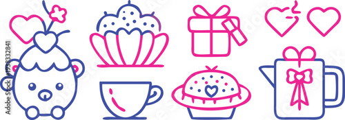 A collection of cute colorful line drawn icons depicting sweets treats and celebratory items high quality