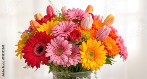 Colorful arrangement of gerbera daisies tulips and chrysanthemums in a glass vase with a joyful vibe and a softly blurred backdrop