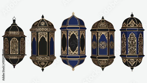 Ornate lanterns in varying designs and blue hues displayed side by side in a digital illustration