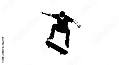 Skateboarder silhouette performing trick in mid-air, isolated on white