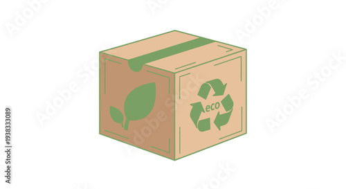 Eco-friendly cardboard box with recycling and leaf symbols