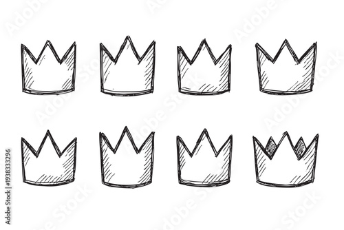Eight hand-drawn crown icons with a sketch-like style are arranged on a clean white background, perfect for adding a playful or regal touch to designs.