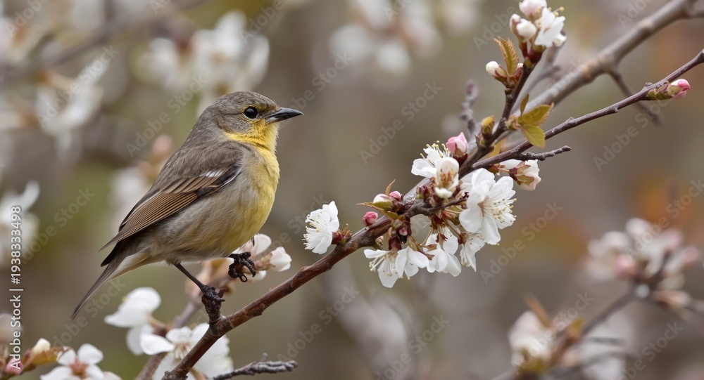 Obraz premium Chiffchaff perched serenely on a blossoming shrub