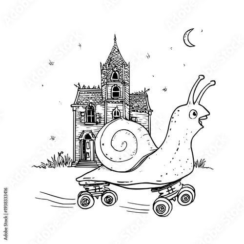 Snail riding skateboard in front of medieval castle at night with stars and moon black and white illustration whimsical scene