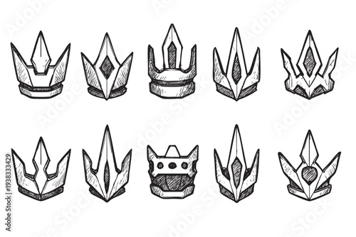 Ten unique black and white hand-drawn crown designs showcase royalty on a clean white background, suitable for graphic design elements and creative projects.