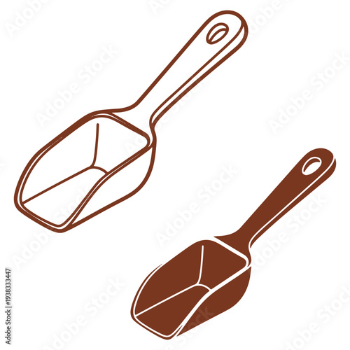 Two brown scoops illustration one filled and one empty for measuring dry ingredients in cooking and baking concept illustration