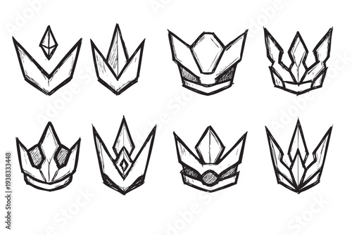 A set of eight unique hand-drawn crowns, sketched in black ink on a white background, perfect for logos, design elements, or royalty-themed projects.