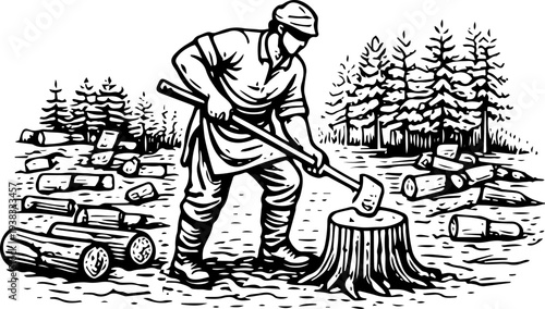Vintage Woodcutter Chopping Logs Axe Stump Fuel Brick Kiln Woodcut