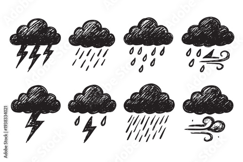 Collection of hand-drawn style weather icons, including clouds with rain, lightning, and wind, perfect for weather reports, infographics, and design elements with a natural feel.