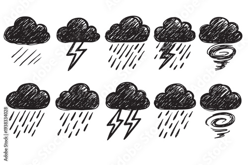 Hand-drawn weather icons featuring clouds, rain, lightning, and a tornado, creating a whimsical, illustrative feel on a white background, suitable for education or creative designs.