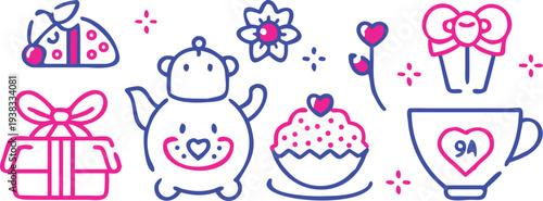 A collection of hand drawn colorful icons depicting gifts sweets and celebratory objects high quality professional