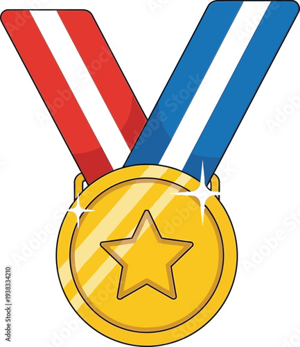 Bright cartoon illustration of a sparkling gold medal featuring a central star and patriotic ribbons hanging down