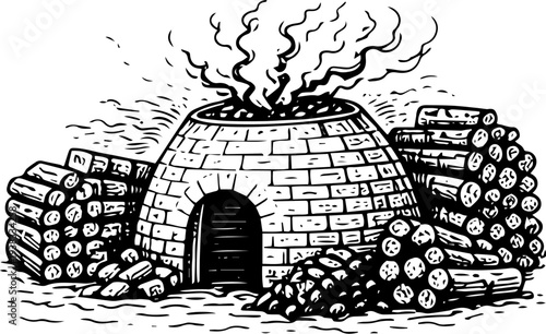 Vintage Woodcut Domed Brick Kiln Smoking Charcoal Lime Illustration