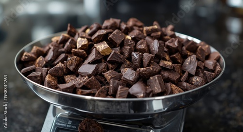 Display of assorted semisweet and dark chocolate chunks on kitchen scale
