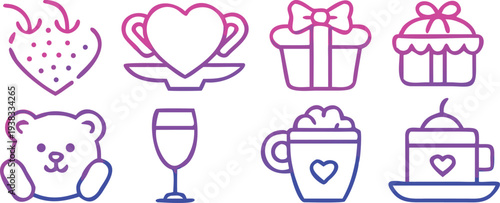 A collection of pastel purple linear icons depicting sweet treats gifts and adorable characters high quality
