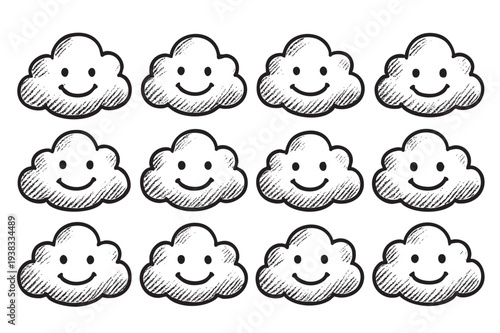 Repeating happy clouds creates a whimsical seamless pattern, hand-drawn in a sketchy style on a clean white background. Suitable for children's products, playful designs, and weather-related themes.