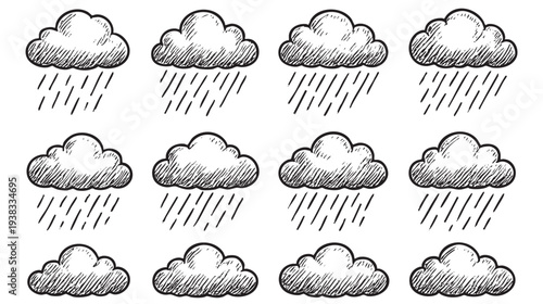 Seamless pattern showing black and white hand-drawn sketches of clouds raining, symbolizing weather, forecast, or a rainy day. Suitable for backgrounds or educational materials.