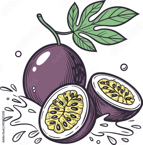 A stylized illustration featuring a passion fruit with two halves and a whole fruit, depicted against a clean white background. The whole fruit is a deep purple, positioned slightly left of center, wi
