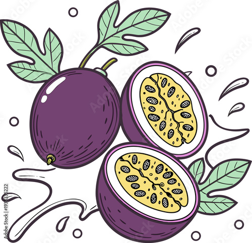 A stylized illustration featuring a passion fruit with two halves and a whole fruit, depicted against a clean white background. The whole fruit is a deep purple, positioned slightly left of center, wi