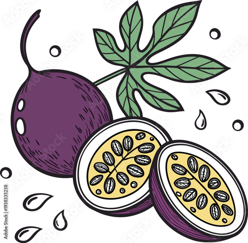 A stylized illustration featuring a passion fruit with two halves and a whole fruit, depicted against a clean white background. The whole fruit is a deep purple, positioned slightly left of center, wi