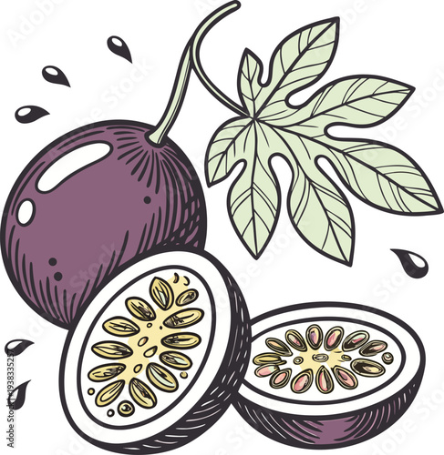 A stylized illustration featuring a passion fruit with two halves and a whole fruit, depicted against a clean white background. The whole fruit is a deep purple, positioned slightly left of center, wi