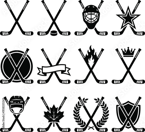 Crossed Hockey Sticks Bold Black White Vector Icon Set Sport Equipment Game Illustration Bundle Collection Isolated