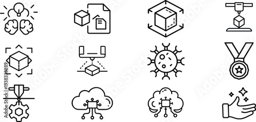 Collection of 12 icons related to technology innovation and achievement