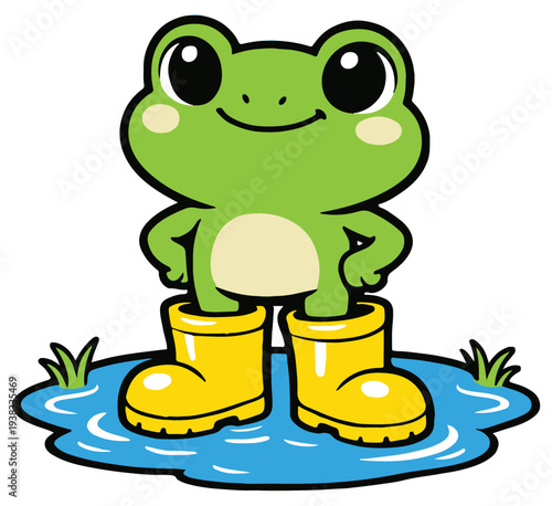 A cheerful frog proudly enjoying a tiny puddle as if it were a giant lake. The playful concept highlights optimism and simple joy in a cute cartoon style