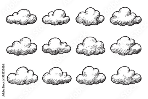 Seamless pattern featuring hand-drawn sketch clouds on a clean white backdrop, offering a whimsical and artistic touch ideal for various design projects.