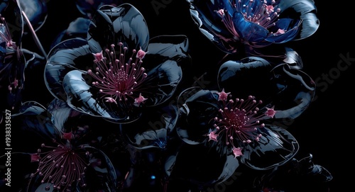 Artistic floral wallpaper featuring glass-like black and blue petals with elegant pink accents