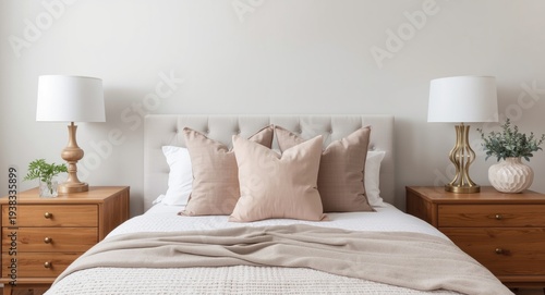 Bedroom decor inspiration with a contemporary bed, soft pastel cushions, and a classic lamp on oak furniture