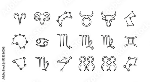 Collection of Zodiac Constellations and Symbols in Outline Style.