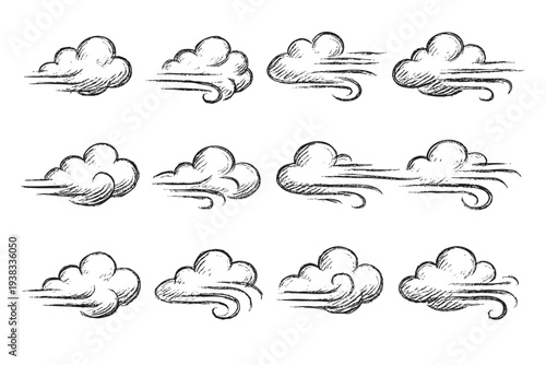Black and white seamless pattern featuring hand-drawn wind and cloud illustrations, ideal for weather forecasts, website backgrounds, or climate-related designs.