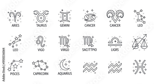 Collection of Zodiac Constellations and Symbols.