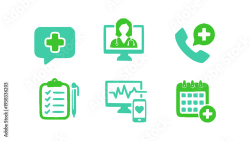 Minimal medical service icons including online doctor, phone support, health calendar, and medical report.