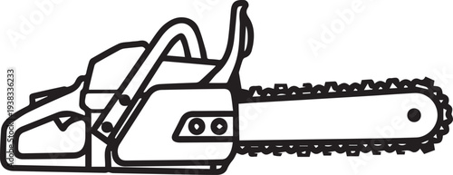 Chainsaw vector icon in black and white line art style, perfect for forestry, construction, or gardening tool illustrations and web graphics