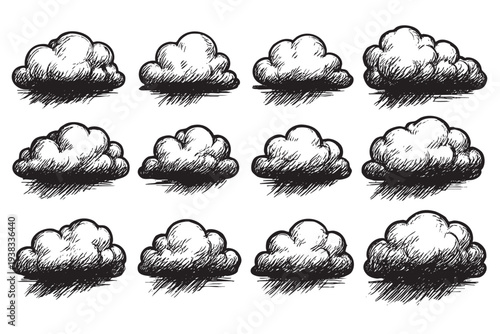 This is a vector illustration of twelve hand-drawn clouds on a white background, perfect for weather-related graphics, digital design, or children's illustrations.