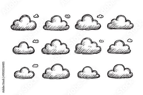Seamless pattern of twelve hand-drawn style cloud sketches, creating a light and airy feel against a white background for use in design or art.