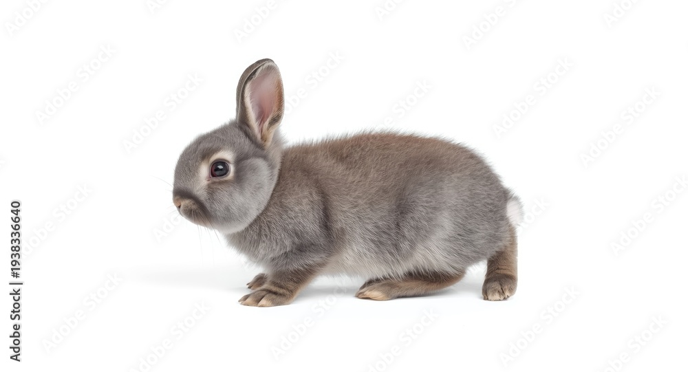 Fototapeta premium Cute gray baby rabbit in motion set on bright white plain background