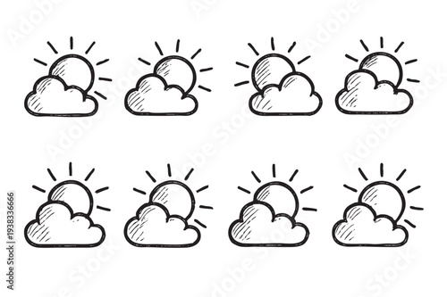 A seamless pattern of eight hand-drawn illustrations depicts the sun partially covered by clouds against a clean white background, evoking a playful, doodle style for weather or design.