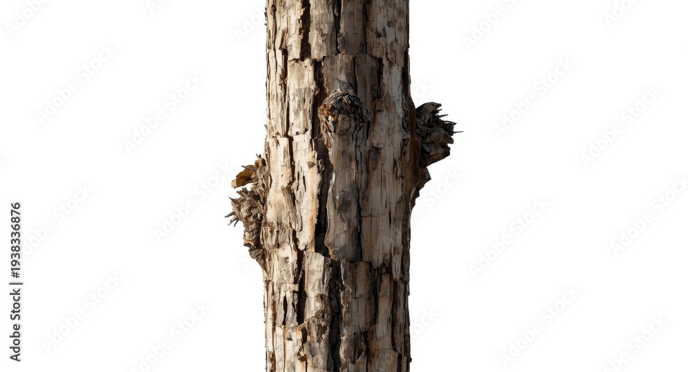 Naklejka premium Dead tree limb featuring split bark surface isolated on plain white background