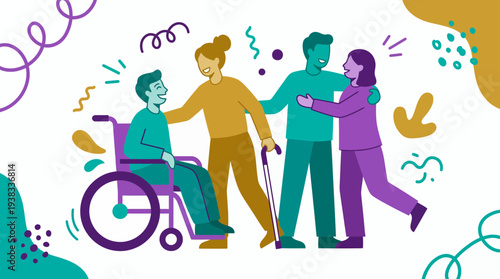 Group of diverse people showing support including a person in a wheelchair and one with a cane, concept for disability awareness campaign, social inclusion initiatives and corporate diversity programs