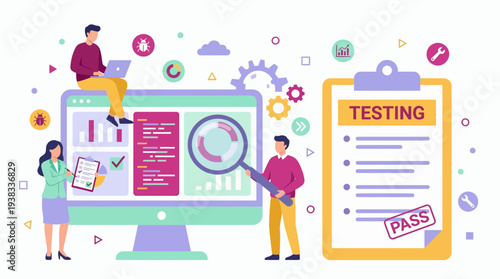 Software developers performing quality assurance testing on computer screen with magnifying glass and clipboard, concept for quality control, bug fixing and software development